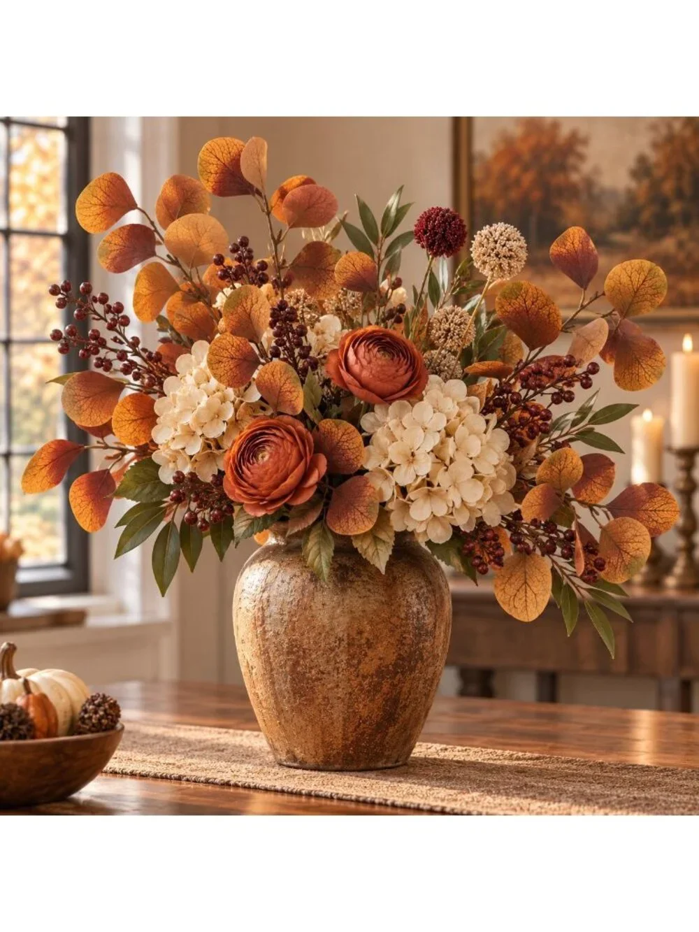 Fall Eucalyptus Stems with Billy Balls, 10 Stem Faux Floral Filler, Autumn Wreat